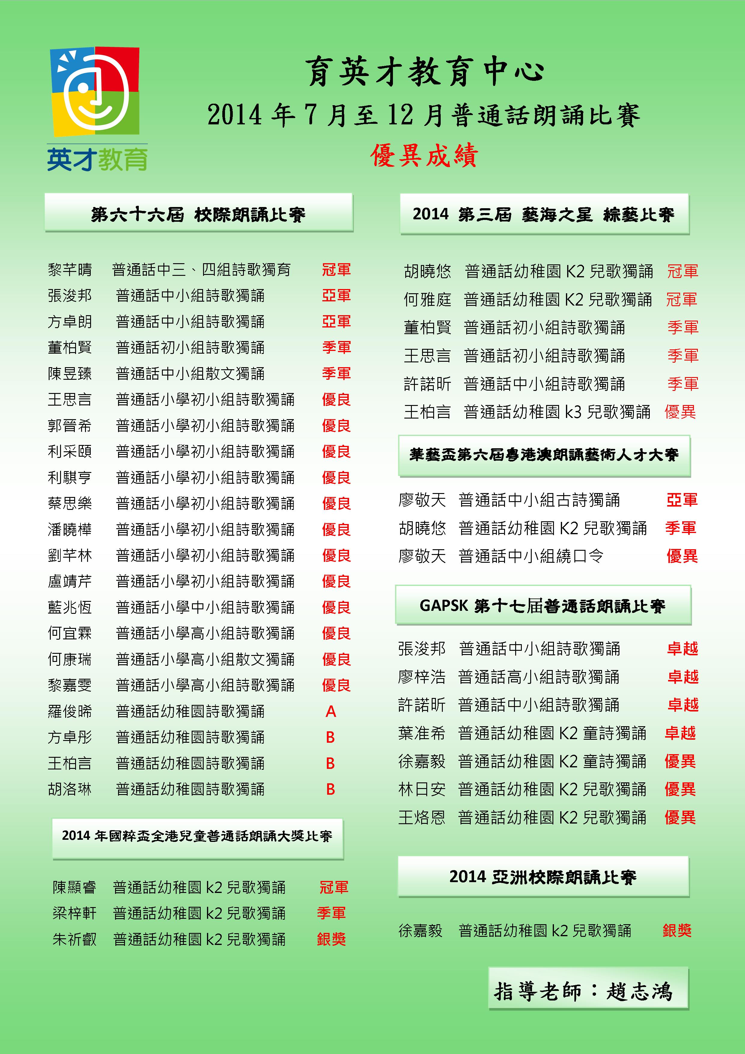 英才教育 2014年7月至2014年12月朗誦比賽優異成績